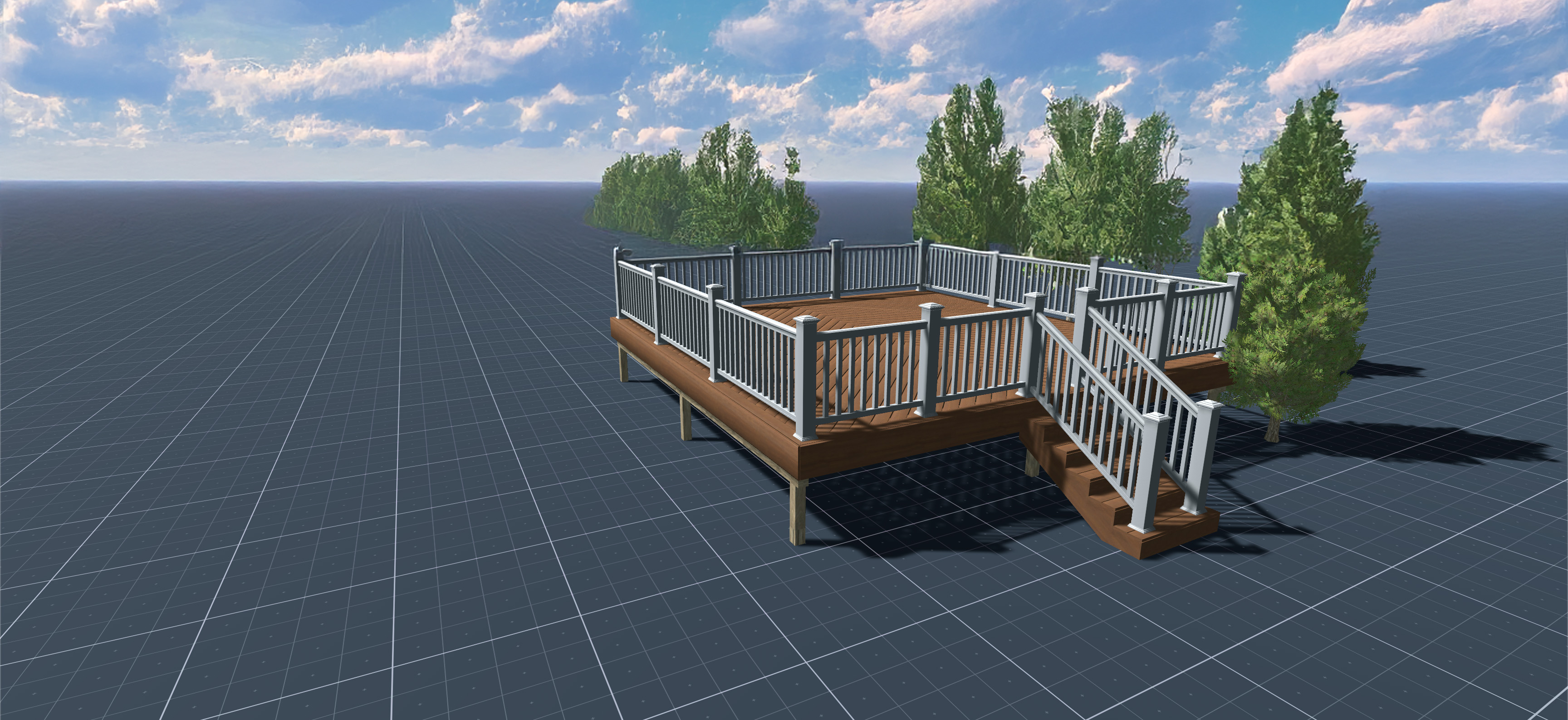 A virtual rendering of a wooden deck, crafted by a custom deck designer in Toronto, features white railings and stairs on a grid surface. The structure is nestled amid green trees beneath a partially cloudy blue sky.