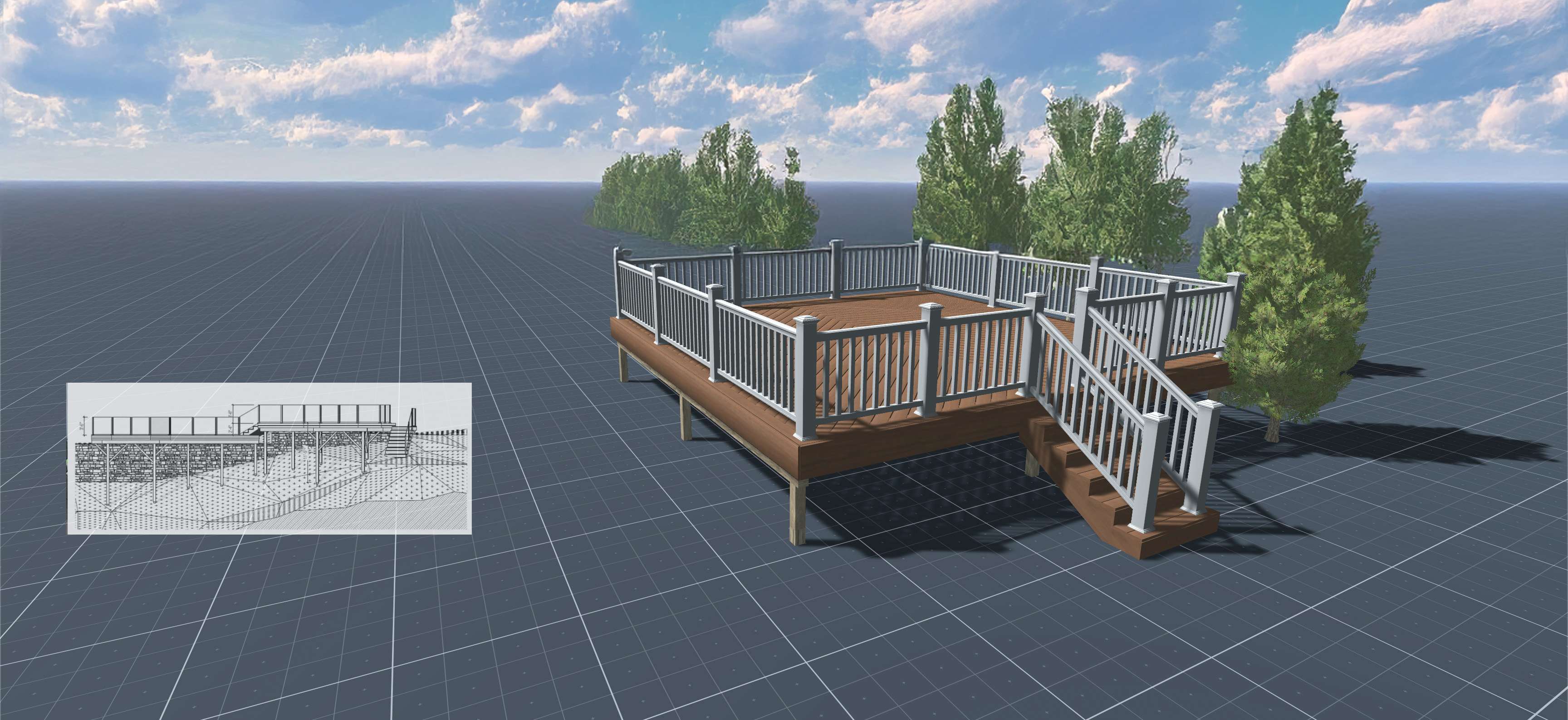 A 3D model of a deck with stairs surrounded by trees on a grid surface. The left side features a design blueprint with a green APPROVED stamp and a checkmark. The sky is clear with scattered clouds.