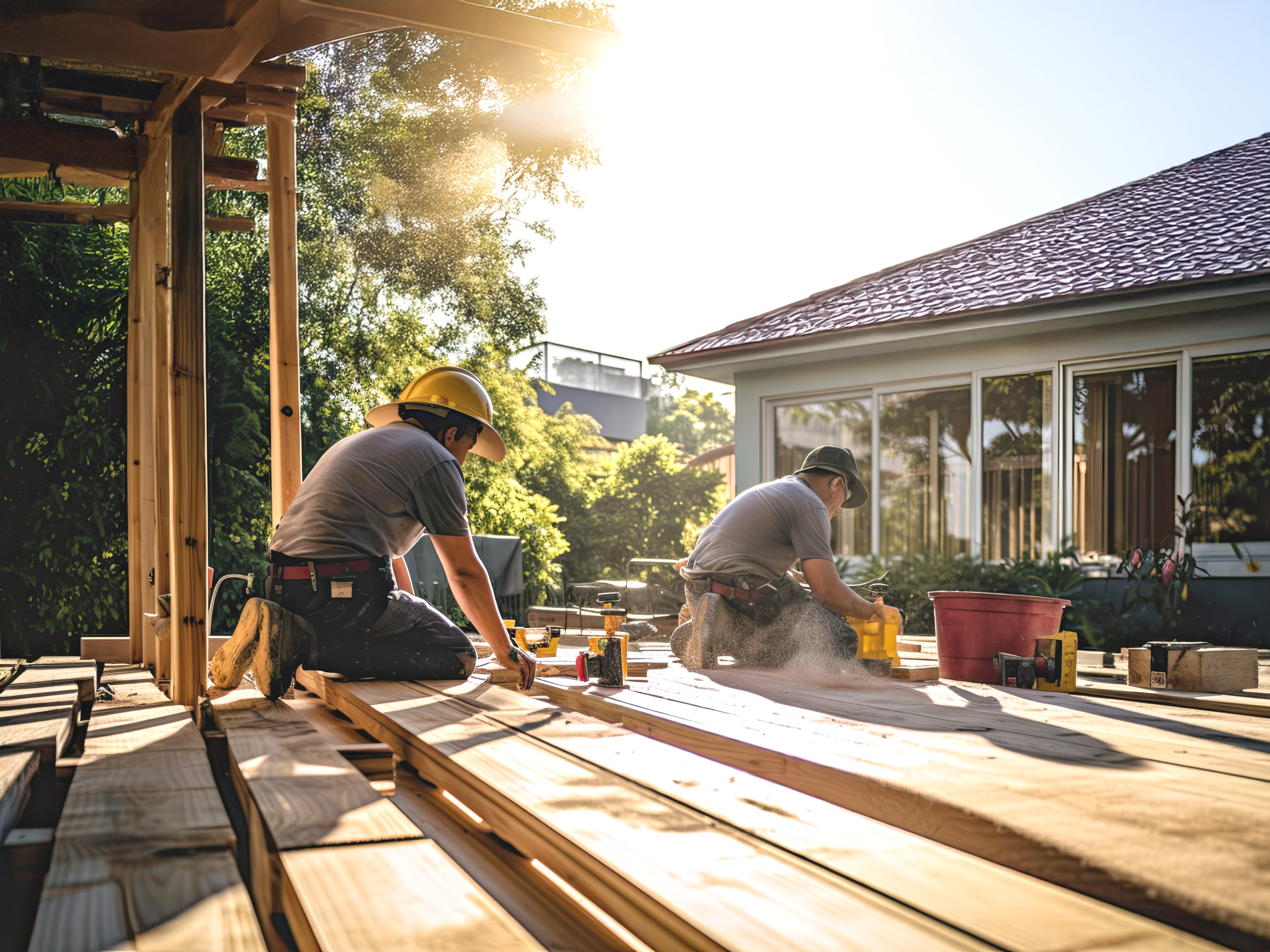 Two construction workers, resembling skilled Toronto deck installers, kneel on a wooden deck, wearing hats and using tools. Sunlight filters through the trees, illuminating the scene. A house with large windows is in the background, surrounded by lush greenery.