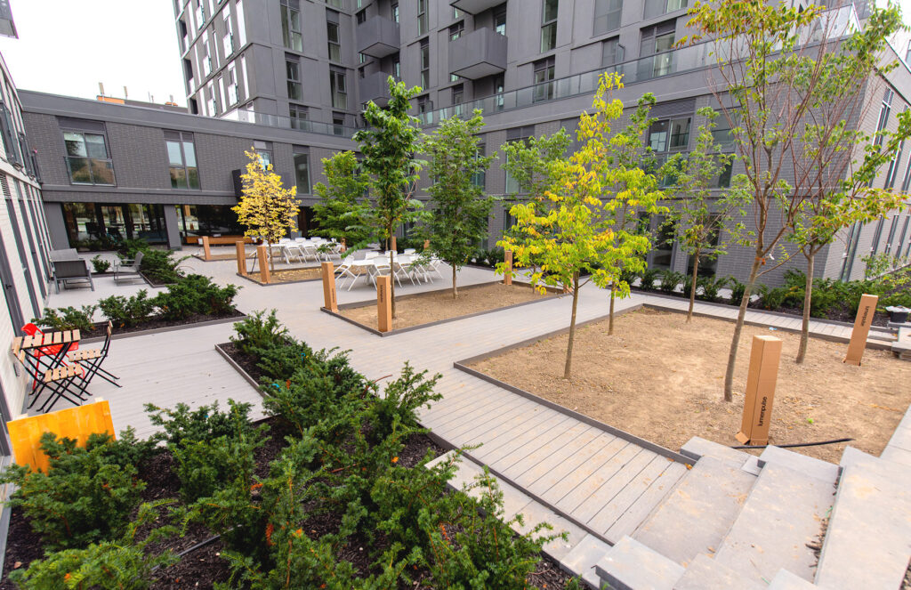 A modern urban courtyard features composite decking with young trees and sparse landscaping nestled among residential buildings. It includes a small seating area adorned with a red table, chairs, and several planters.