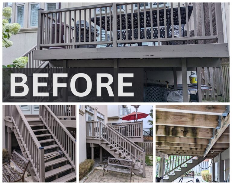 A collage of four photos shows a weathered, brown wooden deck and stairs on a house exterior. The word BEFORE is overlaid in bold text, indicating the decks condition prior to renovation.