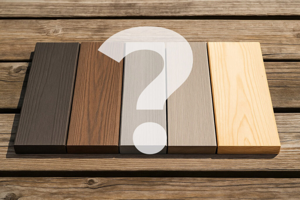 A variety of wood and composite decking colour samples are on display.