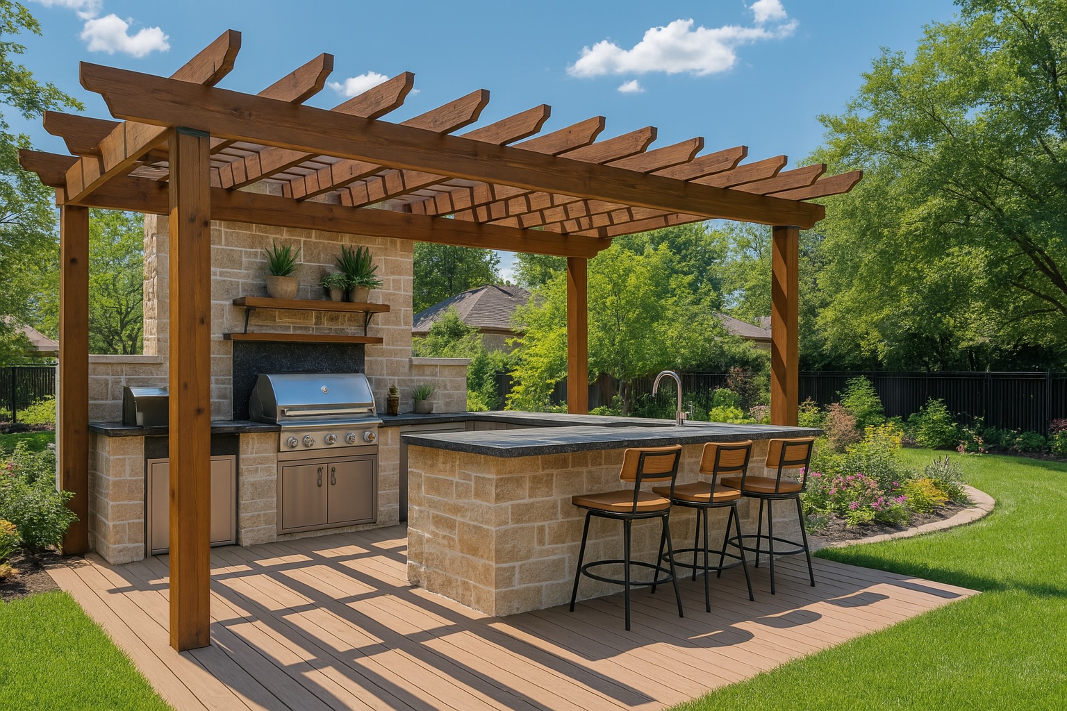 Outdoor kitchen with pergola, stone counters, built-in grill, bar seating, and surrounding landscaped garden.