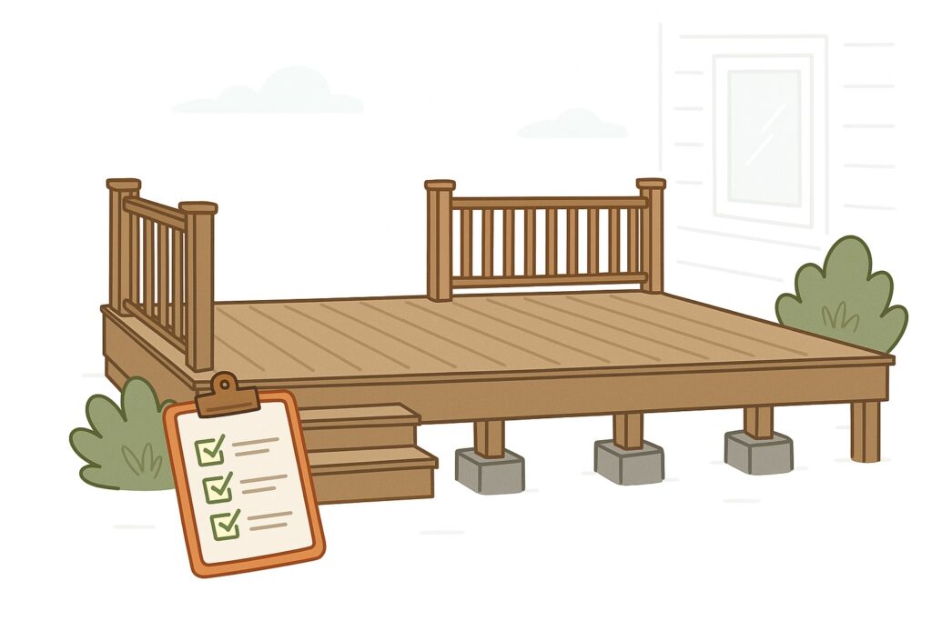 Illustration of a wooden deck attached to a house with stairs, railings, and bushes around it. Concrete blocks support the deck. A checklist with green checkmarks is shown in the foreground.