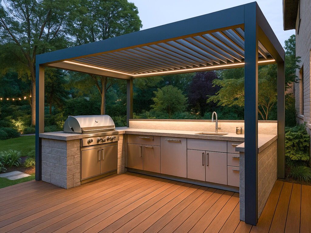 Modern outdoor kitchen with stainless steel grill, sink, and cabinets under a pergola on a wooden deck, surrounded by greenery.