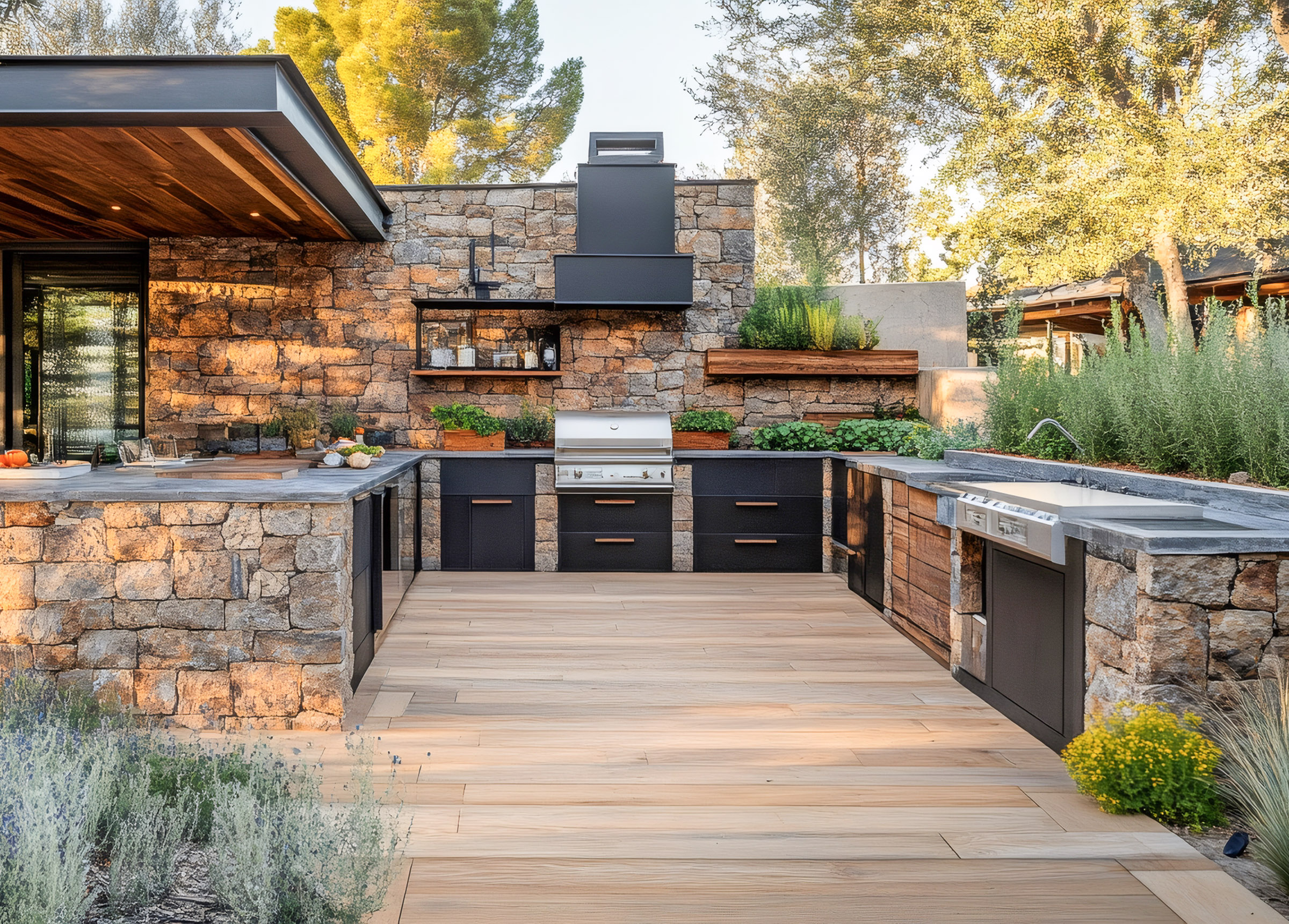 Luxurious outdoor kitchen with stone walls, wooden deck, and stainless steel appliances, creating a perfect space for cooking and entertaining