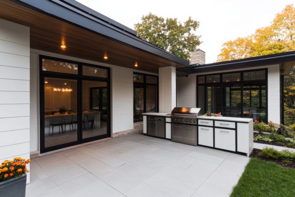 Modern outdoor patio with built-in stainless steel grill, white cabinets, large windows, and surrounding greenery.