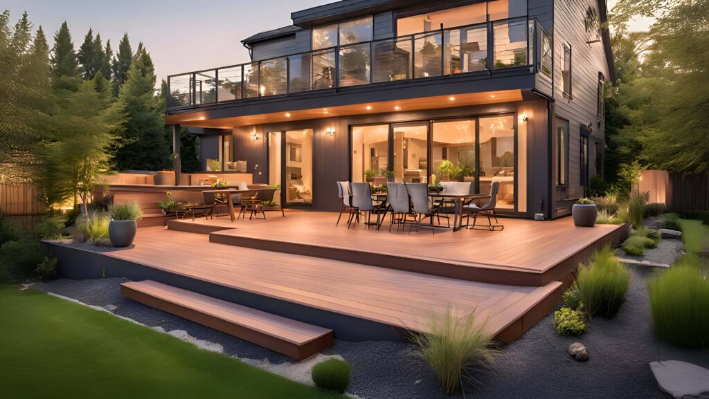 A modern house with a spacious wooden deck and outdoor dining area, surrounded by greenery. The deck features steps leading to a landscaped garden with gravel and plants. The house has large glass doors and balcony railings, with evening lighting.