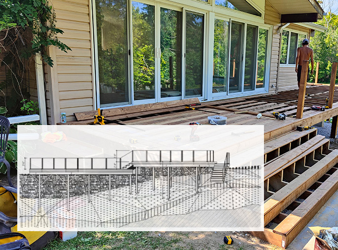 A construction worker builds a wooden deck in a backyard with a sliding door entrance. A diagram overlay shows the decks architectural plan. Various tools and materials are scattered around the work area.
